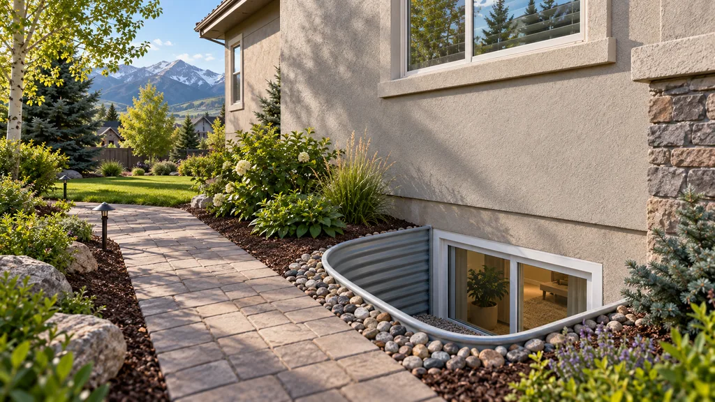 Basement window in a metal window well beside a landscaped path, with mountains in the background