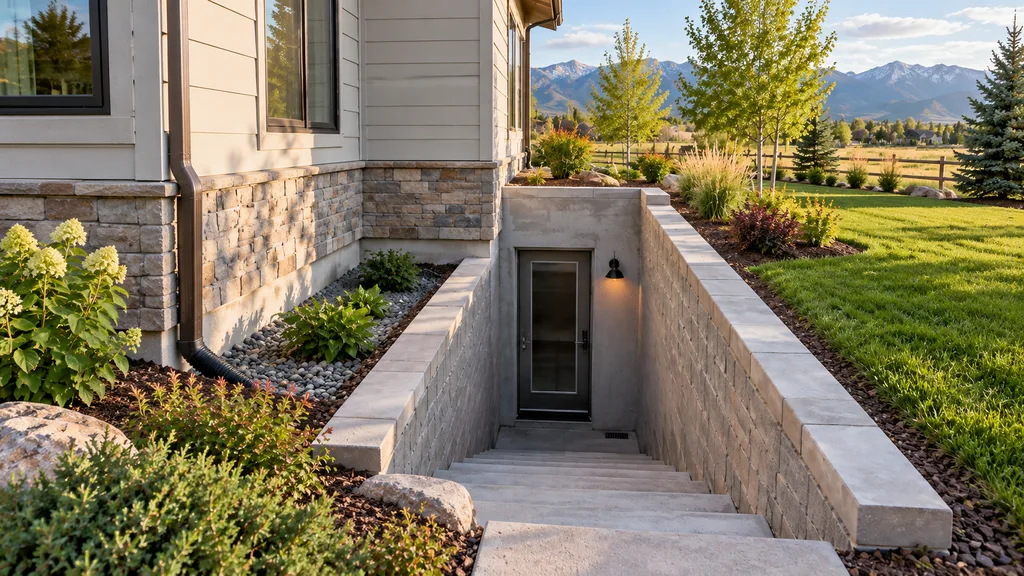 Exterior stairs descending between retaining walls to a basement door beside a landscaped mountain-view garden