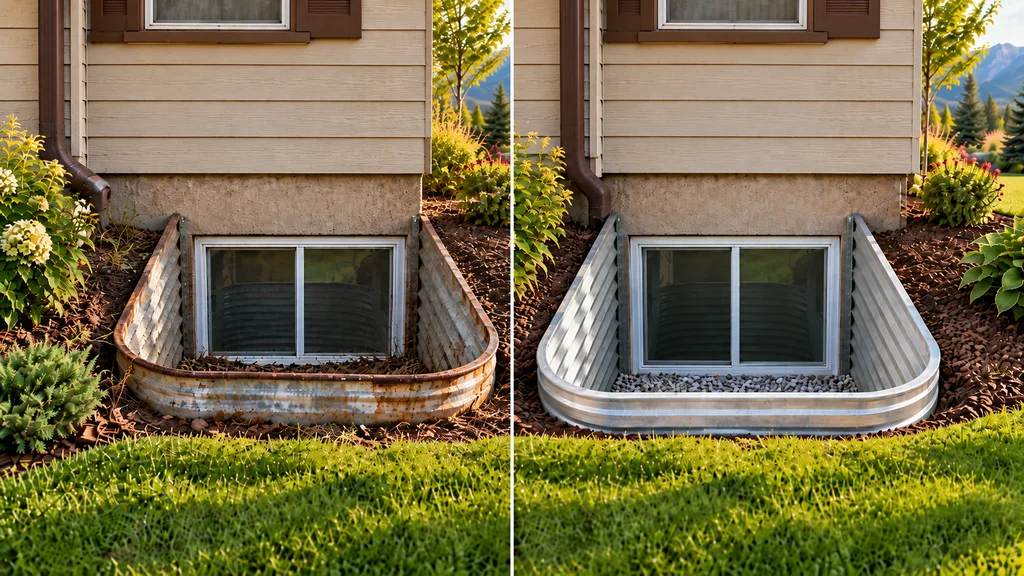 Side-by-side illustration of a rusty basement window well and a clean replacement well with gravel
